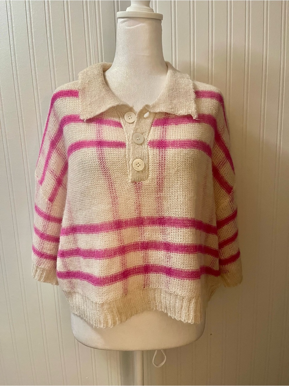 Lumiere Cream Sweater with Pink Stripe Polo Collar